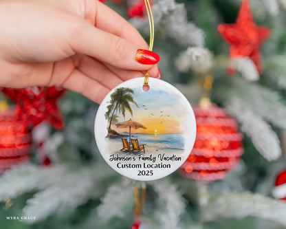 Custom vacation ceramic photo ornament with personalized message – handmade Christmas bauble, gift souvenir, or vacation keepsake. 