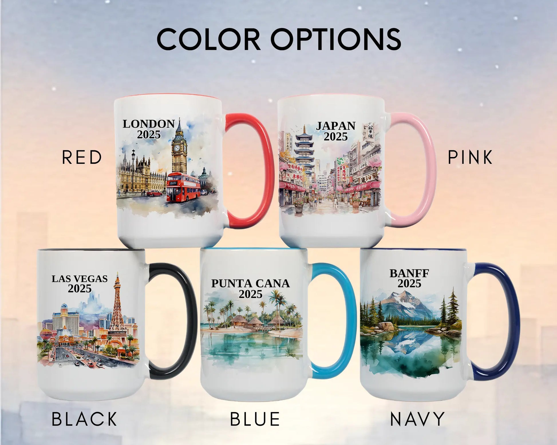 Custom ceramic Japan vacation mug with watercolor location design, date, and personal photo – personalized travel gift or photo mug. Color options