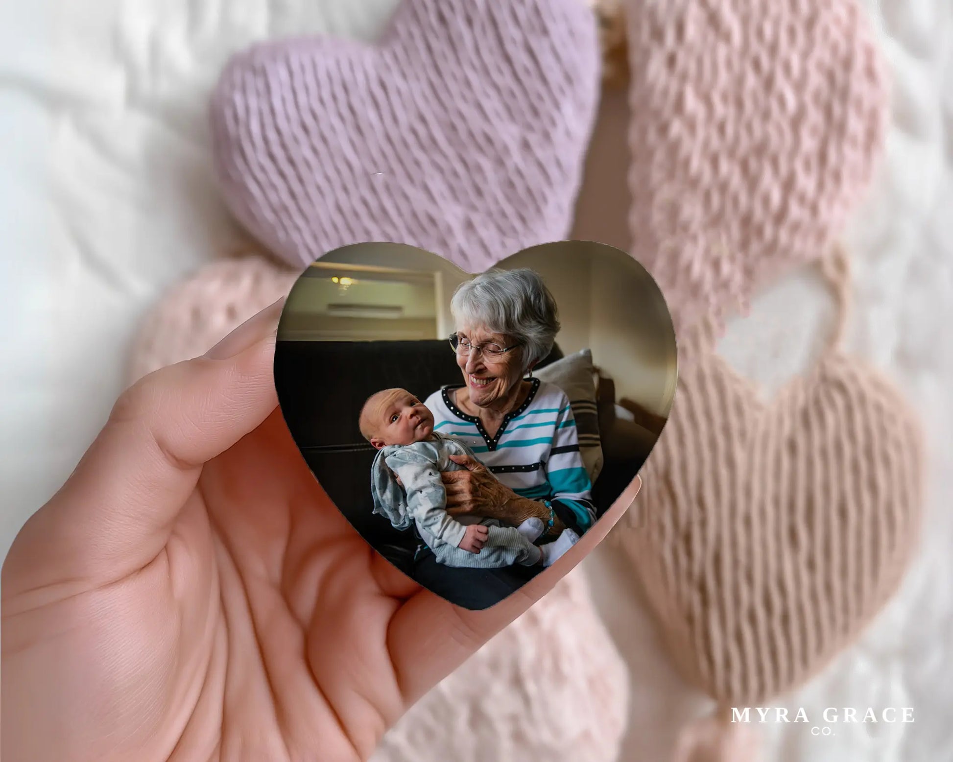 Heart-shaped custom grandma ceramic photo magnet on fridge – handmade personalized gift or Christmas fridge magnet. 