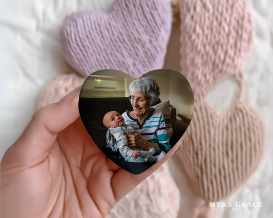 Heart-shaped custom grandma ceramic photo magnet on fridge – handmade personalized gift or Christmas fridge magnet. 