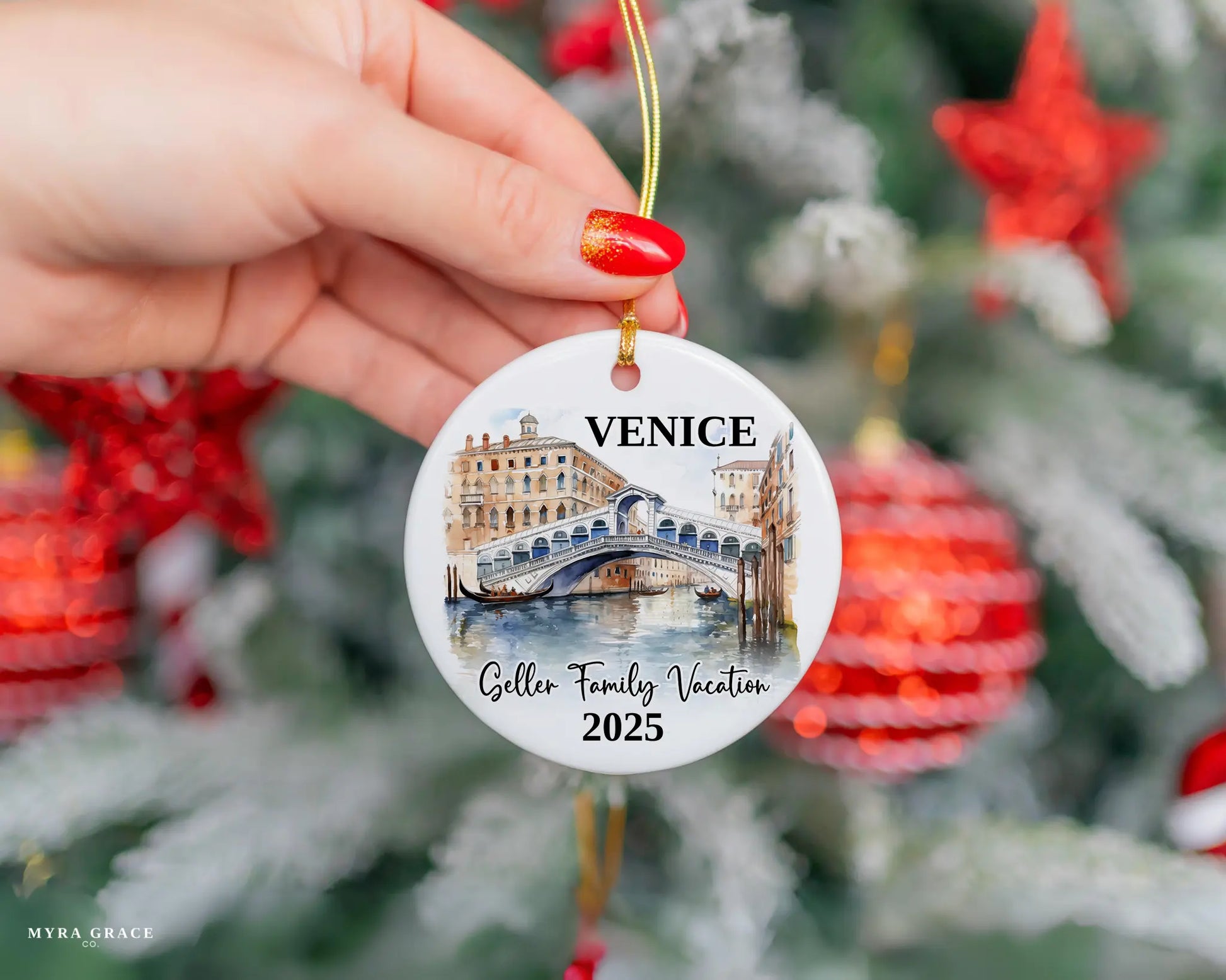 Custom vacation Venice Italy ceramic photo ornament with personalized message – handmade Christmas bauble, gift souvenir, or vacation keepsake. 