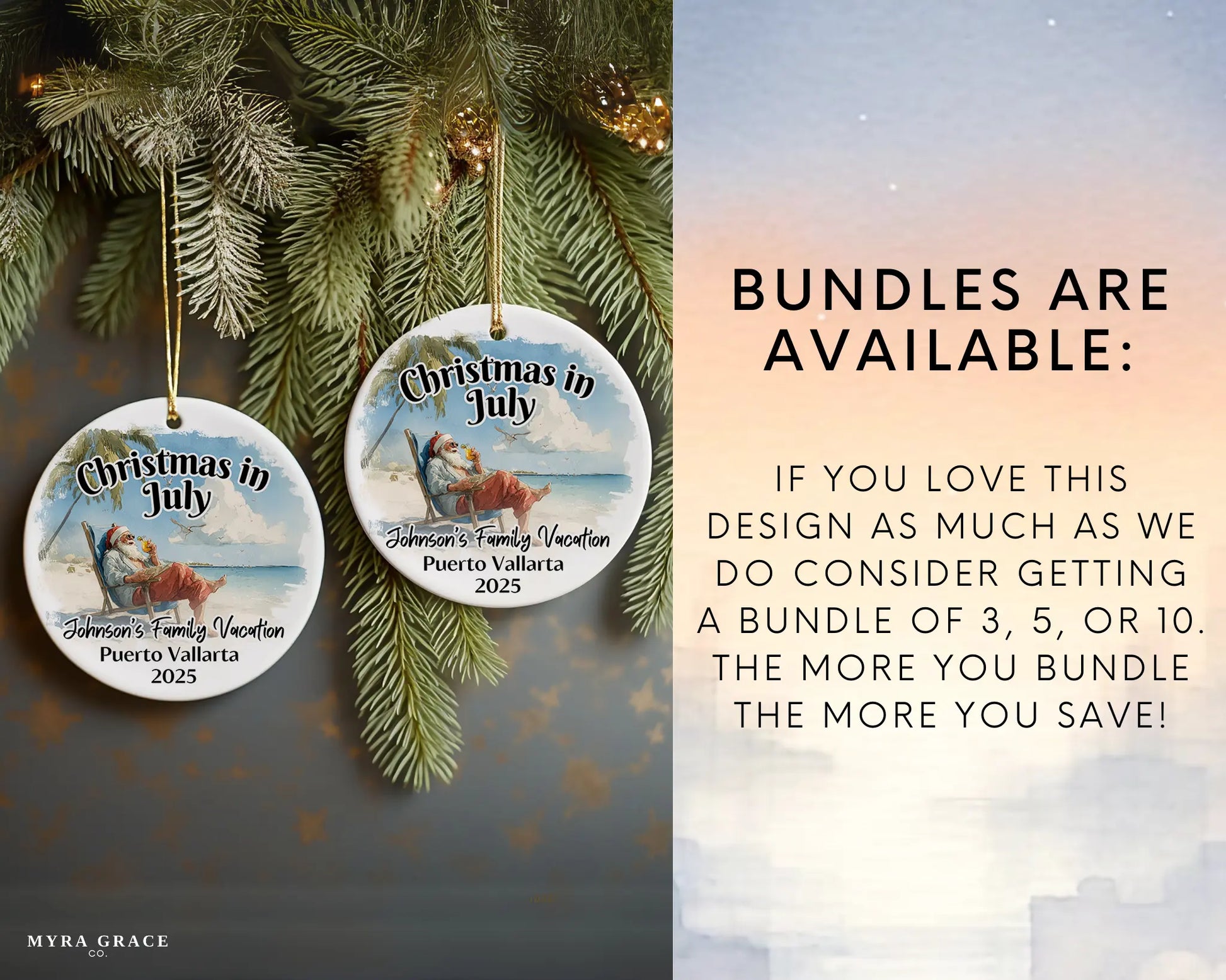 Custom vacation ceramic photo ornament with personalized message – handmade Christmas bauble, gift souvenir, or vacation keepsake. Christmas in July. Bundles are available