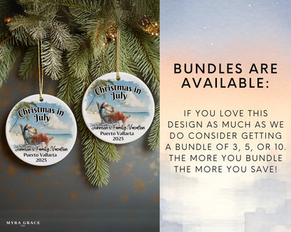 Custom vacation ceramic photo ornament with personalized message – handmade Christmas bauble, gift souvenir, or vacation keepsake. Christmas in July. Bundles are available