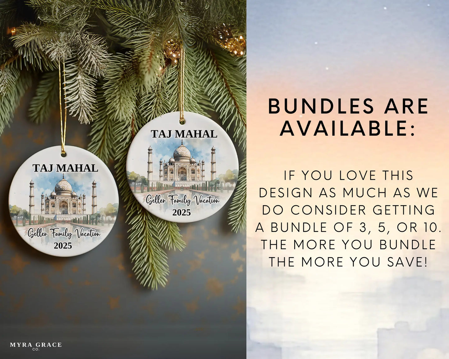 Custom vacation Taj Mahal ceramic photo ornament with personalized message – handmade Christmas bauble, gift souvenir, or vacation keepsake. Bundles are available
