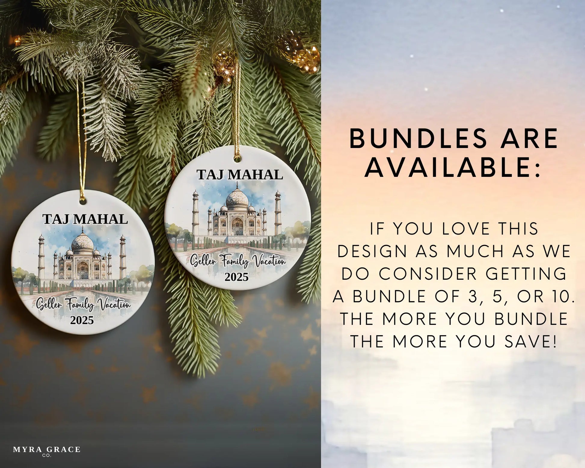 Custom vacation Taj Mahal ceramic photo ornament with personalized message – handmade Christmas bauble, gift souvenir, or vacation keepsake. Bundles are available