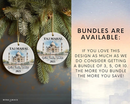Custom vacation Taj Mahal ceramic photo ornament with personalized message – handmade Christmas bauble, gift souvenir, or vacation keepsake. Bundles are available