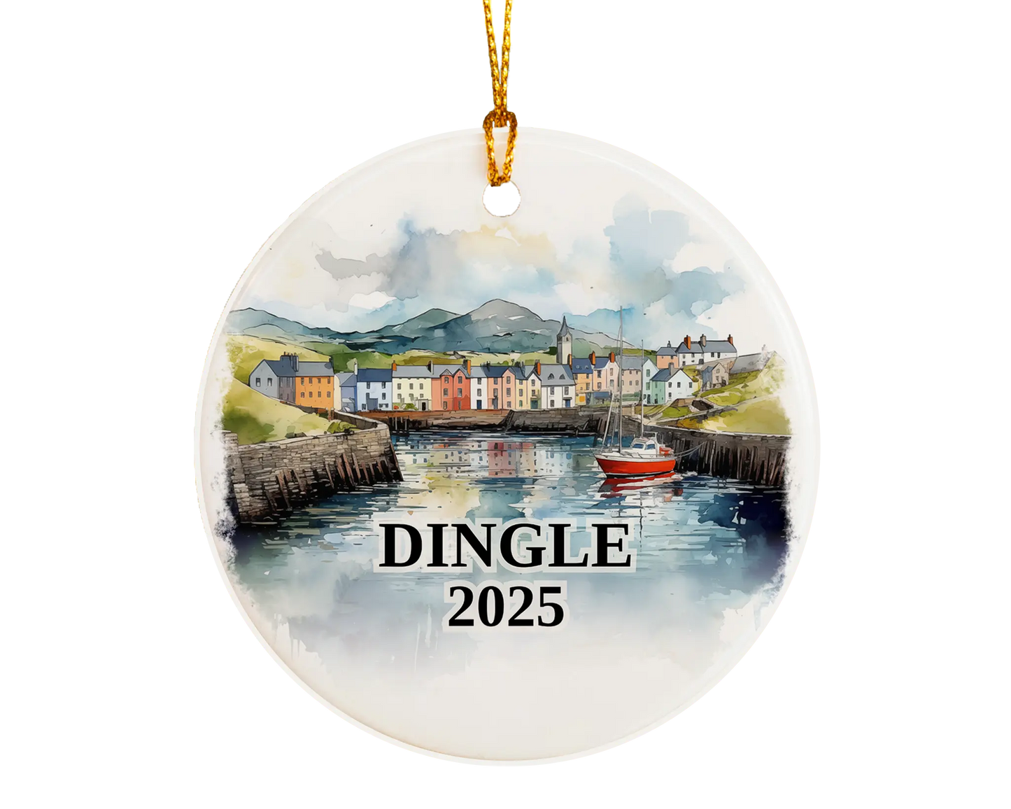 Custom Dingle Ireland ceramic photo ornament with personalized message – handmade Christmas bauble, gift souvenir, or vacation keepsake.  