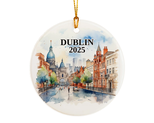 Custom Dublin Ireland ceramic photo ornament with personalized message – handmade Christmas bauble, gift souvenir, or vacation keepsake.  
