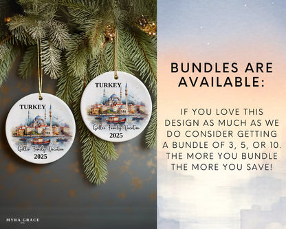 Custom vacation Turkey ceramic photo ornament with personalized message – handmade Christmas bauble, gift souvenir, or vacation keepsake. Bundles are available