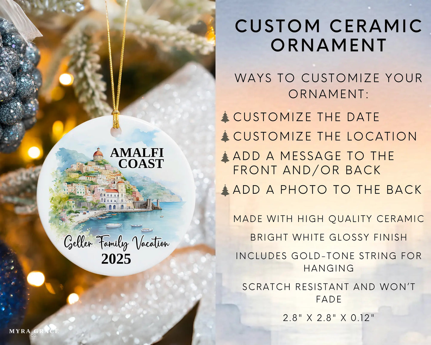 Custom vacation Amalfi Coast Italy ceramic photo ornament with personalized message – handmade Christmas bauble, gift souvenir, or vacation keepsake. Infographic