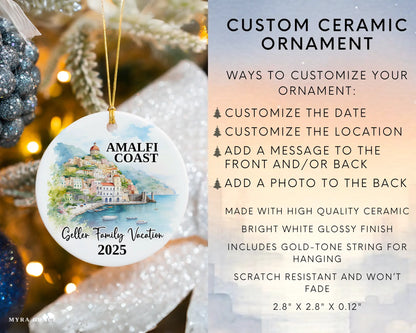 Custom vacation Amalfi Coast Italy ceramic photo ornament with personalized message – handmade Christmas bauble, gift souvenir, or vacation keepsake. Infographic