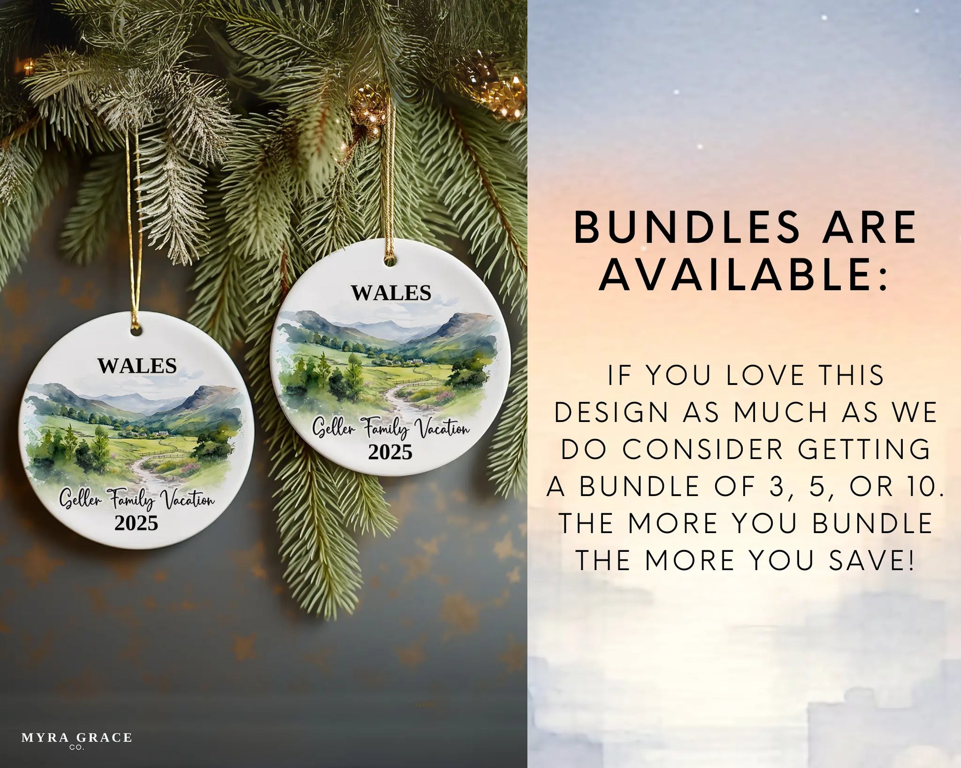 Custom vacation Wales Cymru ceramic photo ornament with personalized message – handmade Christmas bauble, gift souvenir, or vacation keepsake. Bundles are available