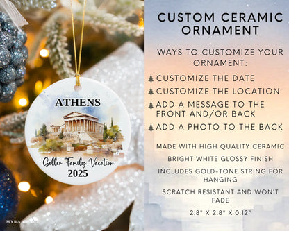 Custom vacation Athens Greece ceramic photo ornament with personalized message – handmade Christmas bauble, gift souvenir, or vacation keepsake. Infographic
