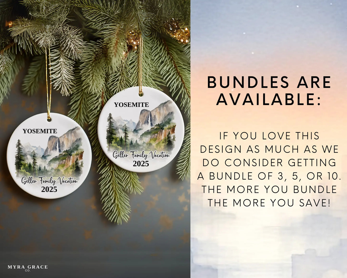 Custom vacation Yosemite ceramic photo ornament with personalized message – handmade Christmas bauble, gift souvenir, or vacation keepsake. Bundles are available