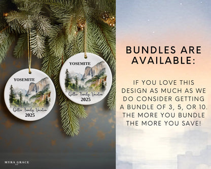 Custom vacation Yosemite ceramic photo ornament with personalized message – handmade Christmas bauble, gift souvenir, or vacation keepsake. Bundles are available