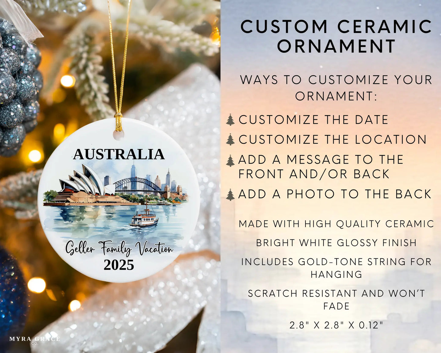 Custom vacation Sydney Australia ceramic photo ornament with personalized message – handmade Christmas bauble, gift souvenir, or vacation keepsake. Infographic