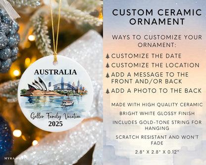 Custom vacation Sydney Australia ceramic photo ornament with personalized message – handmade Christmas bauble, gift souvenir, or vacation keepsake. Infographic