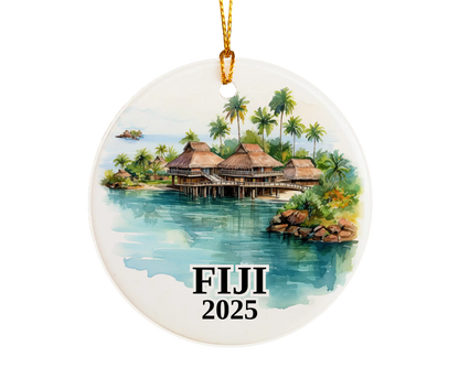 Custom Fiji ceramic photo ornament with personalized message – handmade Christmas bauble, gift souvenir, or vacation keepsake.  