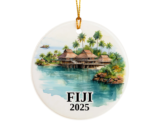 Custom Fiji ceramic photo ornament with personalized message – handmade Christmas bauble, gift souvenir, or vacation keepsake.  