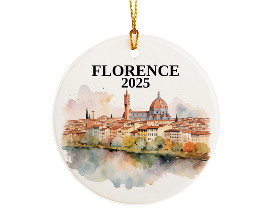 Custom Florence Italy ceramic photo ornament with personalized message – handmade Christmas bauble, gift souvenir, or vacation keepsake.  