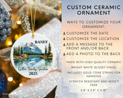Custom vacation Banff Canada ceramic photo ornament with personalized message – handmade Christmas bauble, gift souvenir, or vacation keepsake. Infographic
