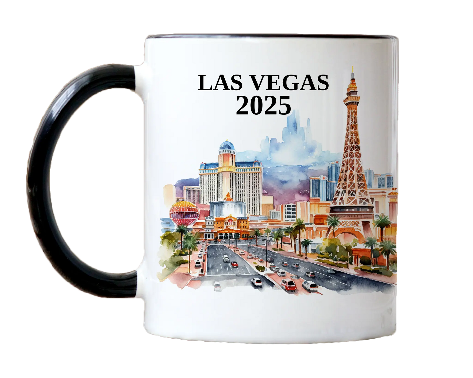 Custom ceramic Las Vegas vacation mug with watercolor location design, date, and personal photo – personalized travel gift or photo mug. 