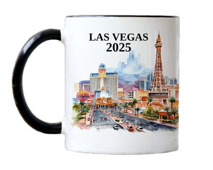 Custom ceramic Las Vegas vacation mug with watercolor location design, date, and personal photo – personalized travel gift or photo mug. 