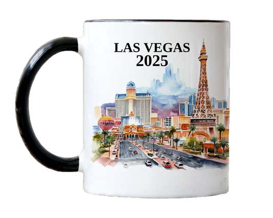 Custom ceramic Las Vegas vacation mug with watercolor location design, date, and personal photo – personalized travel gift or photo mug. 