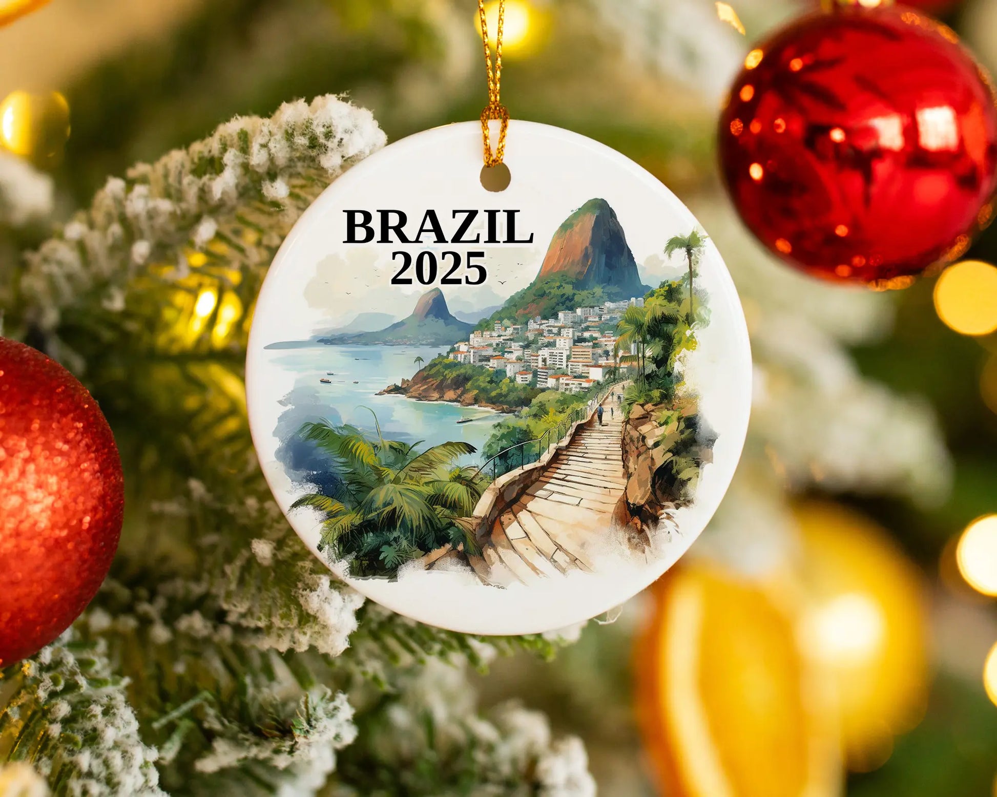 Custom Brazil ceramic photo ornament with personalized message – handmade Christmas bauble, gift souvenir, or vacation keepsake.