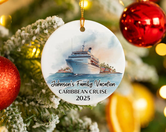 Handmade ceramic Caribbean cruise ornament with personalized location and photo – custom Christmas bauble or cruise vacation souvenir.
