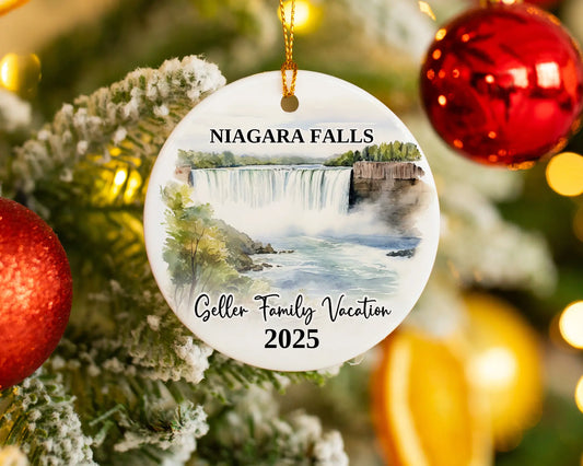 Custom vacation Niagara Falls ceramic photo ornament with personalized message – handmade Christmas bauble, gift souvenir, or vacation keepsake. 