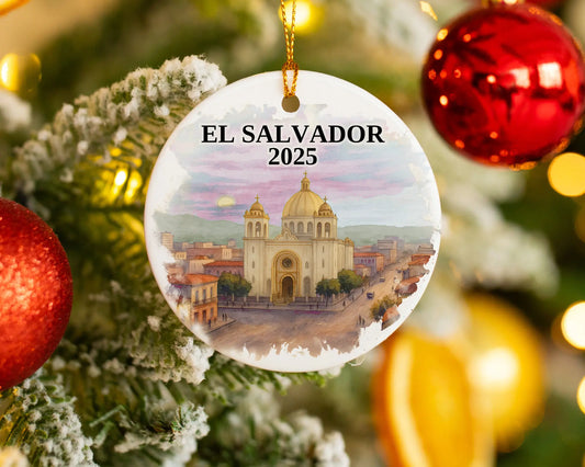 Custom El Salvador ceramic photo ornament with personalized message – handmade Christmas bauble, gift souvenir, or vacation keepsake.  