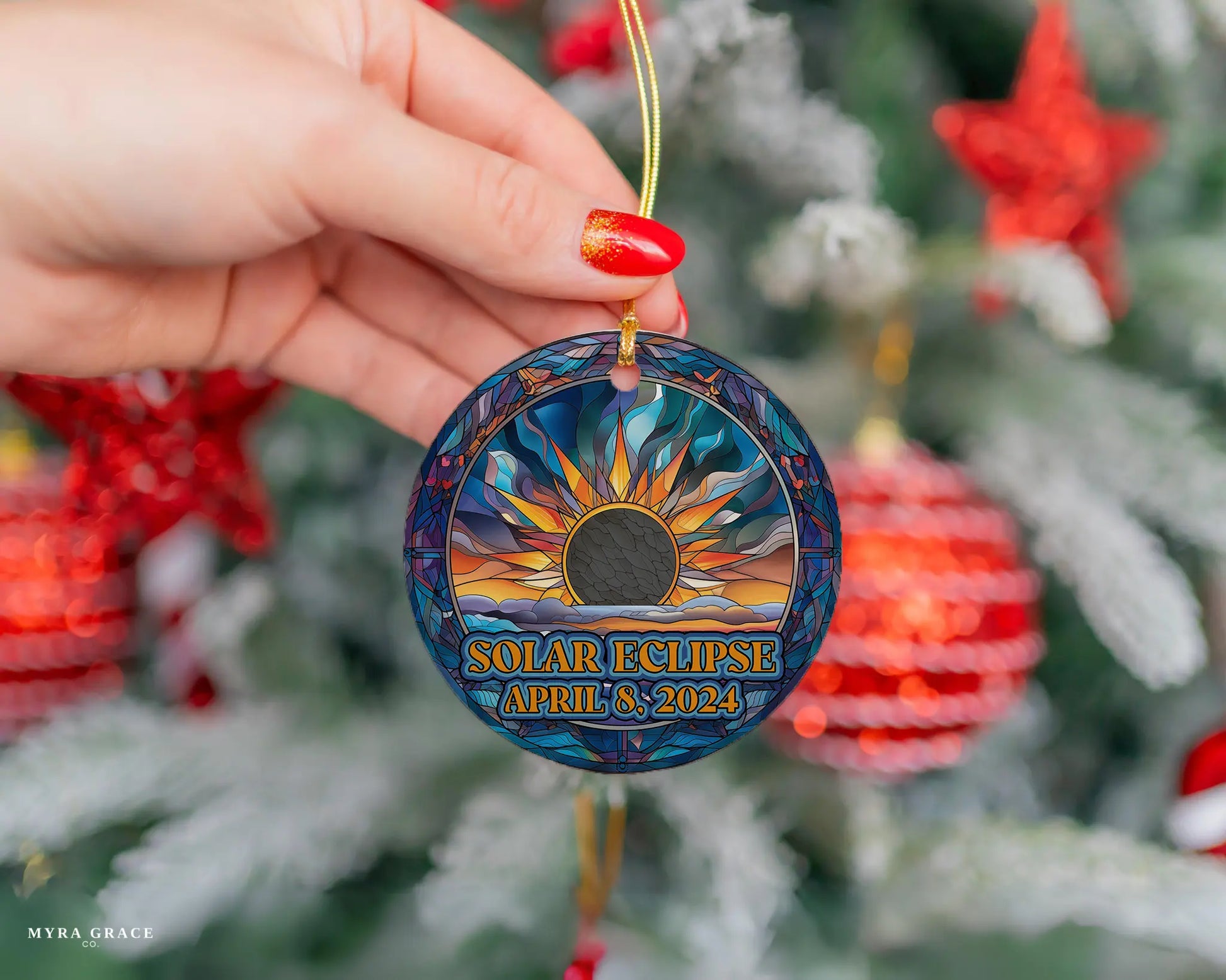 Ceramic solar eclipse 2024 ornament with celestial design – space-themed gift or keepsake