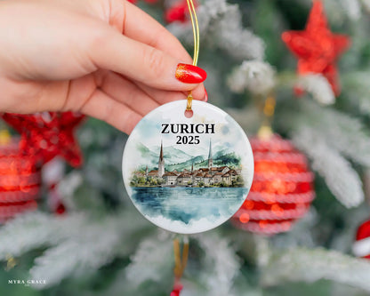 Zurich Switzerland Ornament Custom Gift Souvenir Bauble. Custom Zurich Switzerland ceramic photo ornament with personalized message – handmade Christmas bauble, gift souvenir, or vacation keepsake. 