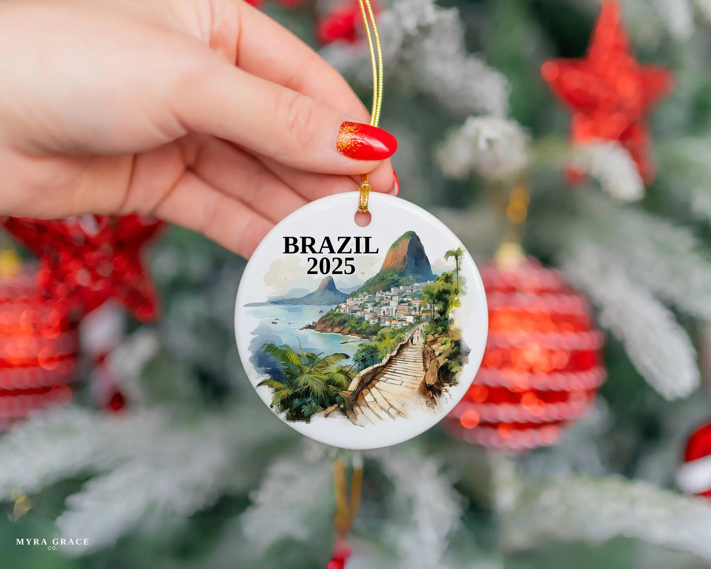 Custom Brazil ceramic photo ornament with personalized message – handmade Christmas bauble, gift souvenir, or vacation keepsake.