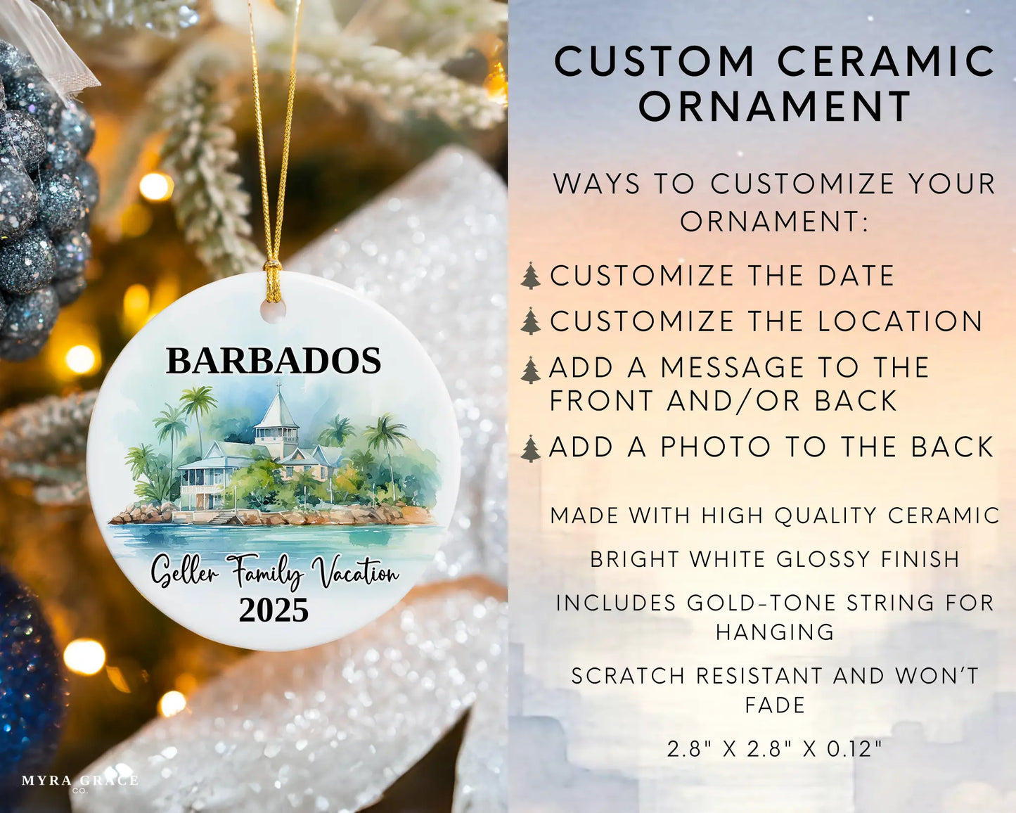 Custom vacation Barbados ceramic photo ornament with personalized message – handmade Christmas bauble, gift souvenir, or vacation keepsake. Infographic