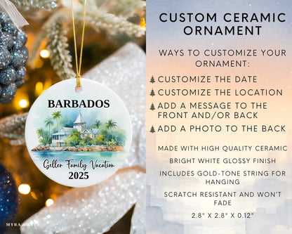 Custom vacation Barbados ceramic photo ornament with personalized message – handmade Christmas bauble, gift souvenir, or vacation keepsake. Infographic