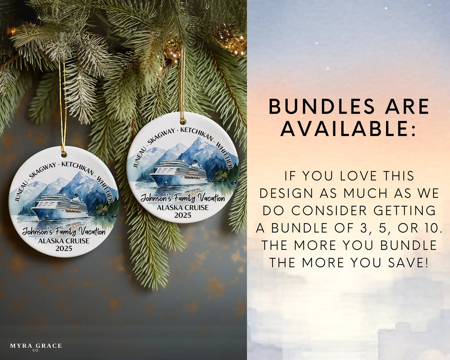 Handmade ceramic Alaska cruise ornament with personalized location and photo – custom Christmas bauble or cruise vacation souvenir. Bundles are available