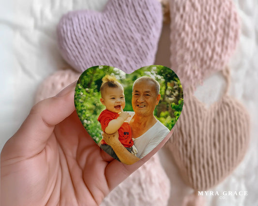 Heart-shaped custom grandpa ceramic photo magnet on fridge – handmade personalized gift or Christmas fridge magnet. 