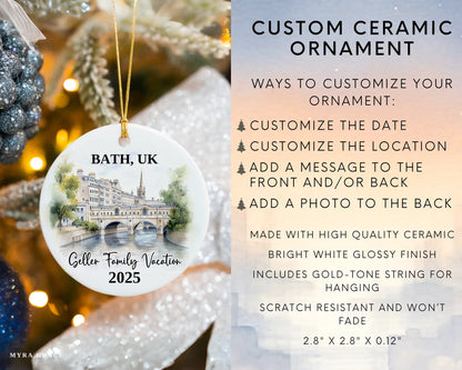 Custom vacation Bath UK ceramic photo ornament with personalized message – handmade Christmas bauble, gift souvenir, or vacation keepsake. Infographic