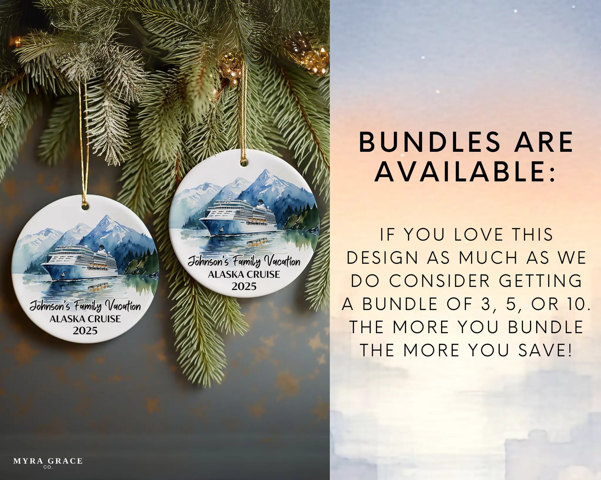 Handmade ceramic Alaska cruise ornament with personalized location and photo – custom Christmas bauble or cruise vacation souvenir. Bundles are available