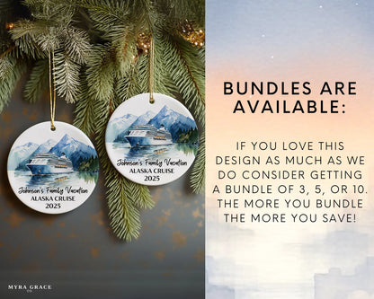Handmade ceramic Alaska cruise ornament with personalized location and photo – custom Christmas bauble or cruise vacation souvenir. Bundles are available