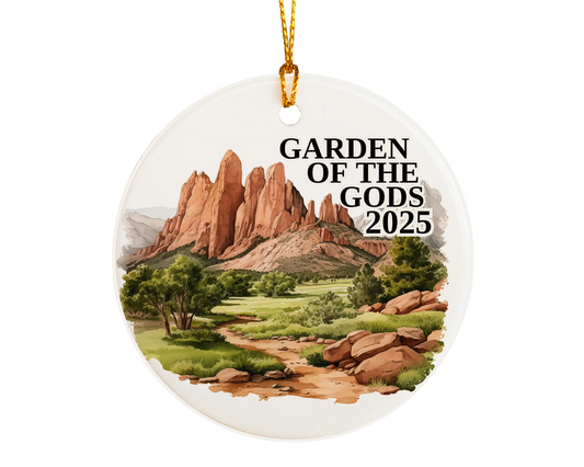 Custom Garden of the Gods Colorado Springs ceramic photo ornament with personalized message – handmade Christmas bauble, gift souvenir, or vacation keepsake.  