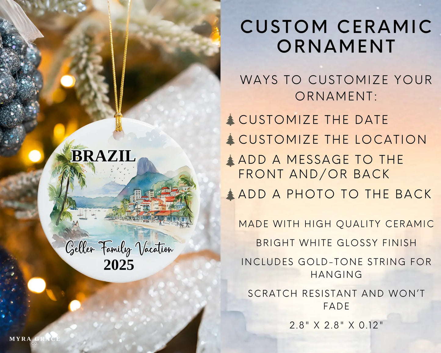 Custom vacation Brazil ceramic photo ornament with personalized message – handmade Christmas bauble, gift souvenir, or vacation keepsake. Infographic