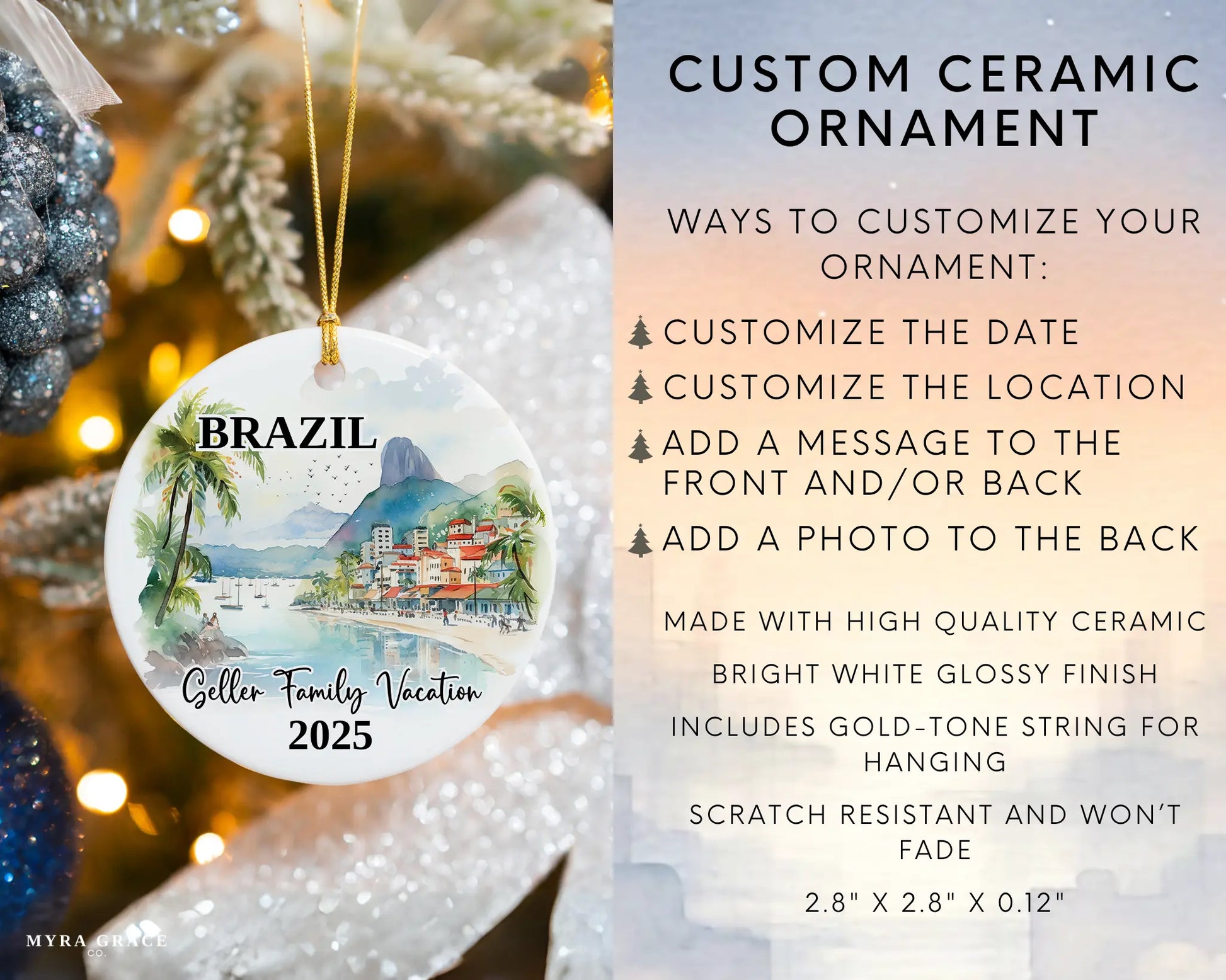 Custom vacation Brazil ceramic photo ornament with personalized message – handmade Christmas bauble, gift souvenir, or vacation keepsake. Infographic