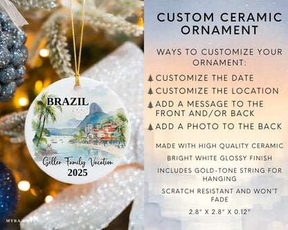 Custom vacation Brazil ceramic photo ornament with personalized message – handmade Christmas bauble, gift souvenir, or vacation keepsake. Infographic