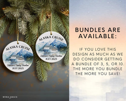 Handmade ceramic Alaska cruise ornament with personalized location and photo – custom Christmas bauble or cruise vacation souvenir. Bundles are available