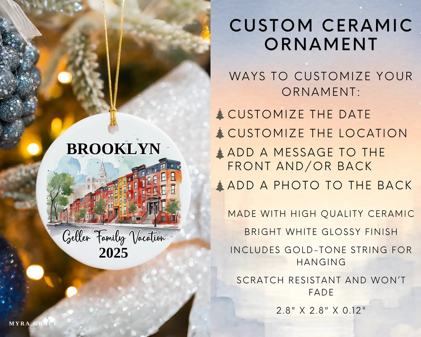 Custom vacation Brooklyn New York ceramic photo ornament with personalized message – handmade Christmas bauble, gift souvenir, or vacation keepsake. Infographic