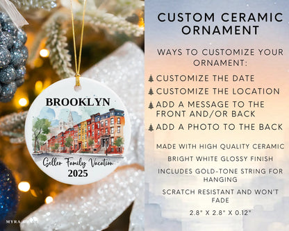 Custom vacation Brooklyn New York ceramic photo ornament with personalized message – handmade Christmas bauble, gift souvenir, or vacation keepsake. Infographic
