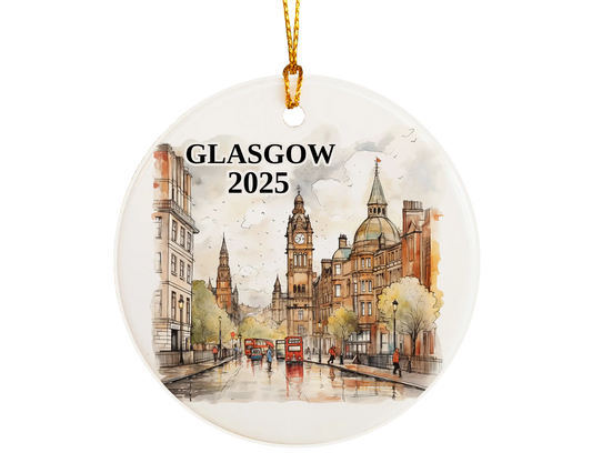 Custom Glasgow Scotland ceramic photo ornament with personalized message – handmade Christmas bauble, gift souvenir, or vacation keepsake.  